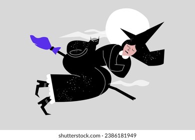 Vector illustration of a sleeping witch flies on a broom of the moon night with her black cat. Halloween concept