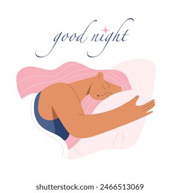 Ilustración vectorial de mujer durmiendo chica aislada sobre fondo blanco con una inscripción buenas noches