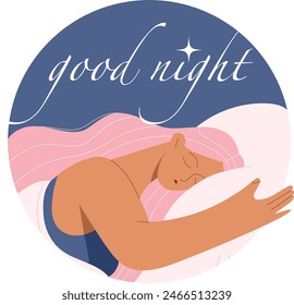 Vector illustration of sleeping woman girl isolated on blu background with an inscription good night