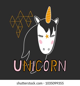 Vector illustration of sleepiy unicorn decorated with hand lettering word Unicorn and polygonal transparent shape for card, print, poster and child or baby room decoration
