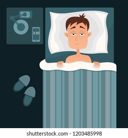 Vector illustration of Sleepless man face cartoon character suffers from insomnia. Guy with open eyes in darkness night lying on bed concept. Sad and tired male awake, guy with cant dream problem.