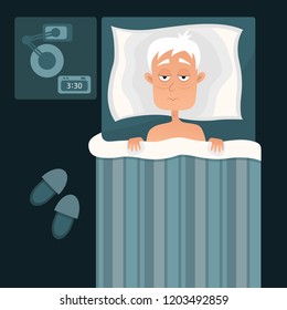 Vector Illustration Of Sleepless Man Face Cartoon Character Suffers From Insomnia. Old Man With Open Eyes In Darkness Night Lying On Bed Concept. Sad And Tired Male Awake With Cant Dream Problem.