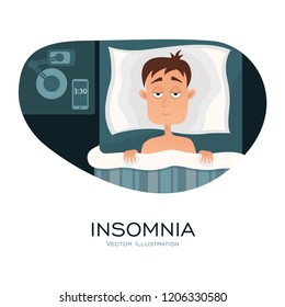 Vector illustration of Sleepless man face cartoon character suffers from insomnia. Guy with open eyes in darkness night lying on bed concept. Sad and tired male awake, guy with cant dream problem.