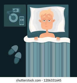 Vector illustration of Sleepless man face cartoon character suffers from insomnia. Guy with open eyes in darkness night lying on bed concept. Sad and tired male awake, guy with cant dream problem.