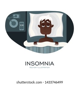 Vector Illustration Of Sleepless Man Face Cartoon Character Suffers From Insomnia. Old Man With Open Eyes In Darkness Night Lying On Bed Concept. Sad And Tired Male Awake, Man With Cant Dream Problem.