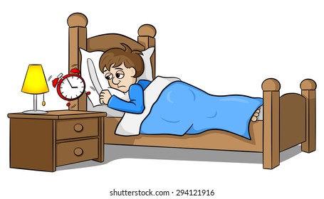vector illustration of a sleepless man wakes up in the morning by the alarm clock