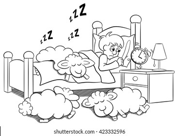 vector illustration of a sleepless man wakes up in the morning by the alarm clock