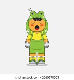 vector illustration of a sleepy boy in his frog hat