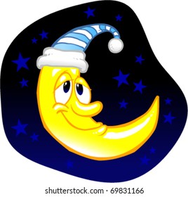 Vector illustration of a sleepy cartoon crescent moon surrounded by stars in the night sky.