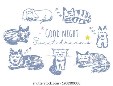 vector illustration of sleepy cats and dogs