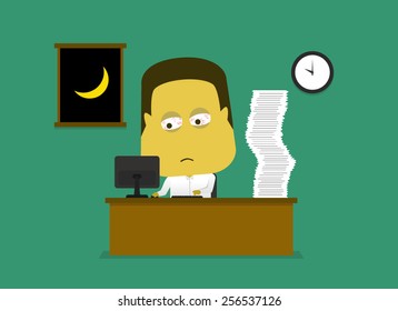 A vector illustration of sleepy employee working late at night in the office