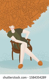 Vector illustration, sleepy girl autumn, hairstyle with flowers in her hair