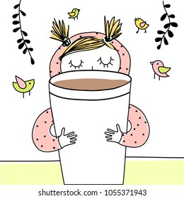 Vector illustration of a sleepy happy cute girl wearing pink pajamas, holding a big cup of coffee in the morning, posing against garden with birds in the spring, summertime.