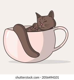 Vector illustration of sleepy lying brown cat in the pink cup of tea. Cartoon drawn design. Logo for coffee shops business on white background isolated. Cute flat decorative children design. 