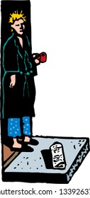Vector illustration of sleepy man with coffee cup getting morning paper