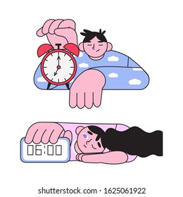 Vector illustration of a sleepy man and a woman in pyjamas with different alarm clocks isolated on a white background. Daily routine, plan your day and difficult morning wake up concept.