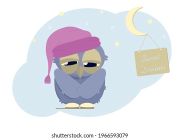 Vector illustration of a sleepy owl in a nightcap. Night with stars and moon