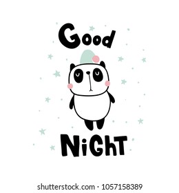 vector illustration, sleepy panda and good night hand lettering text