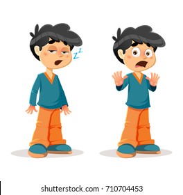 Vector Illustration of Sleepy Shocked Young Boy Body Language and Expressions