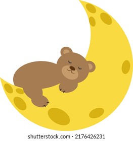 Vector illustration of sleepy teddy bear on moon in cartoon style