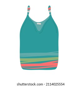 Vector illustration of sleeveless T-shirt. women's fashionable beautiful T-shirt, blouse. Front view. isolated on white hand drawing flat cartoon. blue.