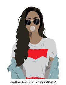 Vector illustration of a slender brown-haired woman in sunglasses who is wearing a T-shirt and shirt. Her posture and facial expression reflects a disdainful attitude towards the interlocutor.