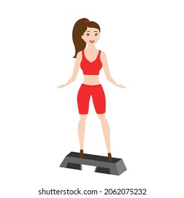 Ilustración vectorial de un entrenamiento de muchacha delgada. Gimnasio. Paso. Dama deportiva. 
