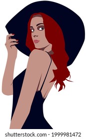 Vektorgrafik eines schlanken Pop-Art-Mädchens in einem schwarzen Kleid und schwarz breit gebrannter Hut, rotes Haar. Ihr Gesicht spiegelt die Gefühle wider, die der Autor erregte.
