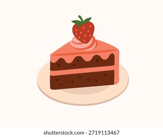 Ilustração vetorial de uma fatia de bolo. Deliciosa delícia. Bolo em um prato. Sobremesa de morango.