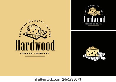 Vector illustration of Slice of Cheese on Wooden Cutting Board for Traditional Cheesemonger Shop Store Vintage Classic label logo design