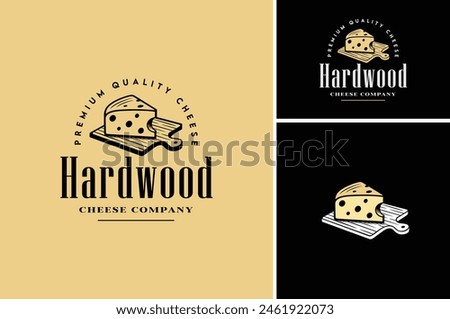 Vector illustration of Slice of Cheese on Wooden Cutting Board for Traditional Cheesemonger Shop Store Vintage Classic label logo design