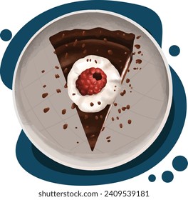 vector illustration of a slice of chocolate cake with raspberries on top