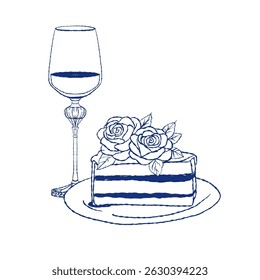 Ilustração vetorial de uma fatia de bolo em camadas decorado com rosas em um prato, colocado ao lado de um copo de vinho detalhado. Desenho de contorno azul para convites, marca e designs com tema de sobremesa.