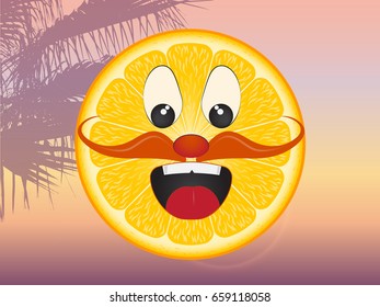 vector illustration of slice of orange with eyes and a mustache smiling on a background of sea sunset. silhouette of palm trees in the background.