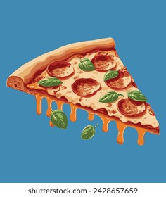 Vector illustration of the slice of pepperoni pizza with melting cheese