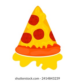 Vector illustration of a slice of pizza with cheese. Italian pizza with mozzarella and tomato topping isolated on white background.