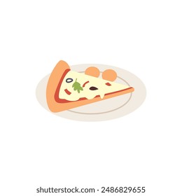 Vector illustration of a slice of pizza with cheese, bell pepper, herbs and olives on a plate. A funny cartoon drawing of delicious Italian fast food