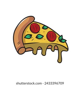 Vector illustration. Slice of pizza with melted cheese and pepperoni. Cartoon sticker in comic style with outline.