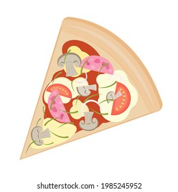 Vector illustration of a slice of pizza with mushrooms and ham