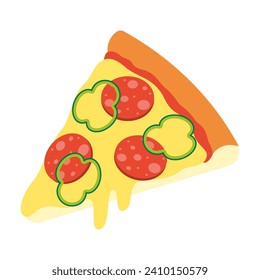 vector illustration of a slice of pizza with salami, green peppers and cheese for banners, cards, flyers, social media wallpapers, etc.