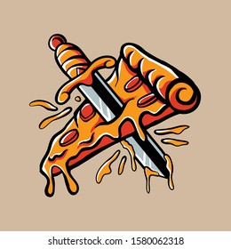 vector illustration of slice pizza.  Pizza stabbed by a sword. Pizza traditional tattoo design. clip art for tshirt design, stickers, poster, wall art, web, or phone wallpaper