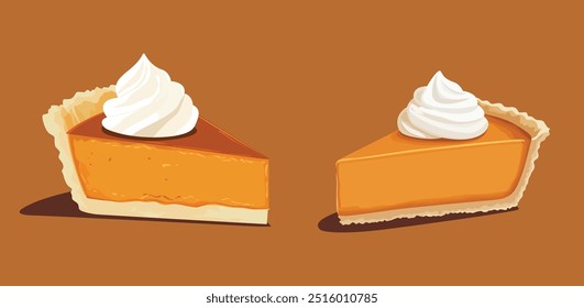 vector illustration of a slice of pumpkin pie with a dollop of whipped cream on brown background