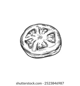 Vector illustration of a slice of tomato. Organic vegetables, healthy harvest. Ingredients for cooking, farm products. Hand-drawn in the style of linear, drawn in black ink on an isolated background