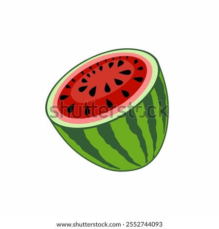 Vector illustration of a slice of watermelon, showing off its fresh red inside with black seeds. Perfect for summer themes, freshness and healthy food concepts.