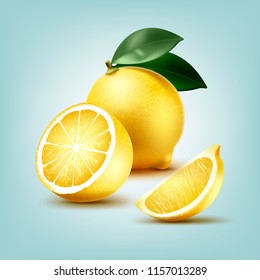 Vector illustration of slice and whole juicy lemon fruit with green leaves isolated on light blue background