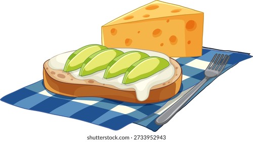 Ilustração vetorial de abacate fatiado em torrada de queijo creme ao lado de uma cunha de queijo amarelo