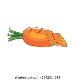 Vector illustration of a sliced Сarrot in cartoon style. Fresh orange vegetable with green leaves, isolated on white background. Perfect for farm products, recipe books, healthy food design