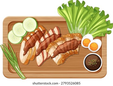 Vector illustration of sliced chicken, boiled eggs, fresh vegetables, and sauce on wooden cutting board