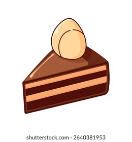 Vector illustration of a sliced chocolate cake with creamy topping and decoration on white background – delicious dessert clipart for Chocolate Day, bakery design, kids projects, and festive packaging