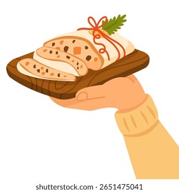 Vector illustration of sliced Christmas Stollen cake on a wooden board, held in a hand. Decorated with a red ribbon and fir twig. For greeting cards, seasonal menus, and festive designs.